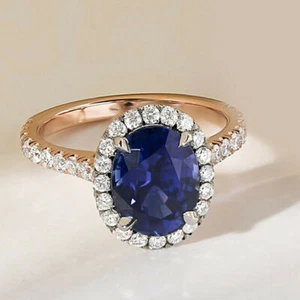 Lab Created 2.60 Ct Oval Cut Blue Sapphire & Diamond Halo 925 Rose Silver Ring - Picture 1 of 1