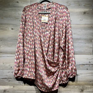 ANNE KLEIN Faux Wrap Surplice Satin Blouse Top Size 3X Multicolor Long Sleeve - Picture 1 of 9