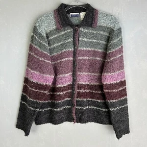 Vintage Erika & Co size L collared knit cardigan wool blend striped pink gray - Picture 1 of 9