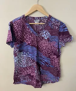 Women's Grey’s Anatomy By Barco Purples Blues Animal Print Scrub Top Size M - Picture 1 of 20
