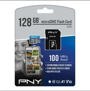 PNY Elite 128GB MicroSDXC Flash Memory Card w/ SD Adapter Class 10 U1 V10, A1 - Photo 1 sur 2