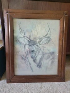 Vintage K. Maroon Mule Deer Hunting Lodge Themed Framed Print-24 1/2 X 20 1/2" - Picture 1 of 3