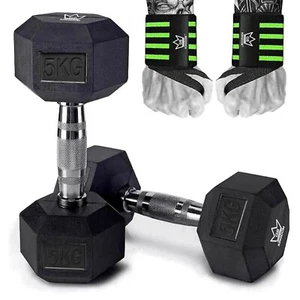 Kingdom GB Hex Dumbbells Pair Set Fitness Hand Weights Training Gym w/Wrist Wrap - Picture 1 of 8