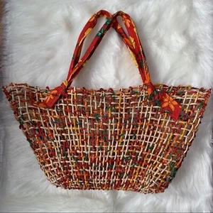 Open Woven Tote Bag Wrapped Fabric Orange Cream Floral - Picture 1 of 6