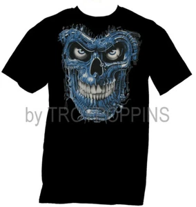 1-TERMINATOR SKULL BLUE EVIL ROBOT FACE HALLOWEEN GEAR GRAPHIC PRINTED T-SHIRT - Picture 1 of 4