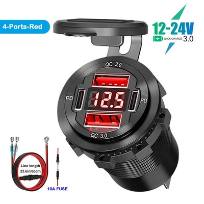78W 4 Port 12V USB Car Charger Socket QC3.0 Type C PD Fast Charger LED Voltmeter - Image 1 of 4