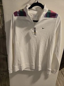 Vineyard Vines Tidings Tartan Damen 1/4 Zip Pullover Marshmallow Weiß M Neu mit Etikett - Bild 1 von 8
