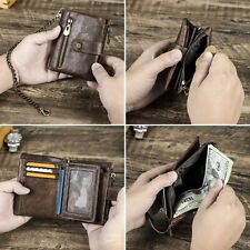 Contacts Men's RFID Oil Leather Wallet Photo Coin 7 Card Holder Anti-Theft Chain