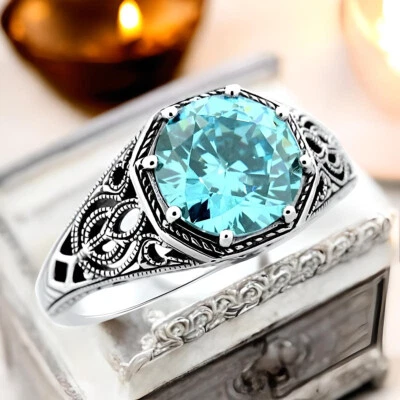 ANILLO SOLITARIO PLATA ESTERLINA 925 ESTILO VINTAGE AGUAMARINA CIRCONITA CÚBICA FILIGRANA #1178 Foto 1 de 3