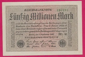 GERMANY WEIMAR REP 50,000,000 MILLIONEN MARK 1923 AU-UNC UNIFACE,WATERMARK LOZEN - Picture 1 of 2