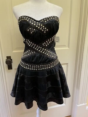 New Bebe Studded Corset Mini T Black Dress Goth Punk Rock anime $169 XS Sexy - Image 1 of 4