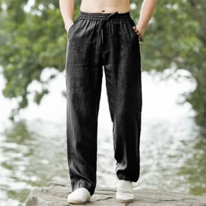 Men's Cotton Linen Beach Joggers Casual Loose Fit Sweatpants Summer Streetwear - Picture 1 of 8