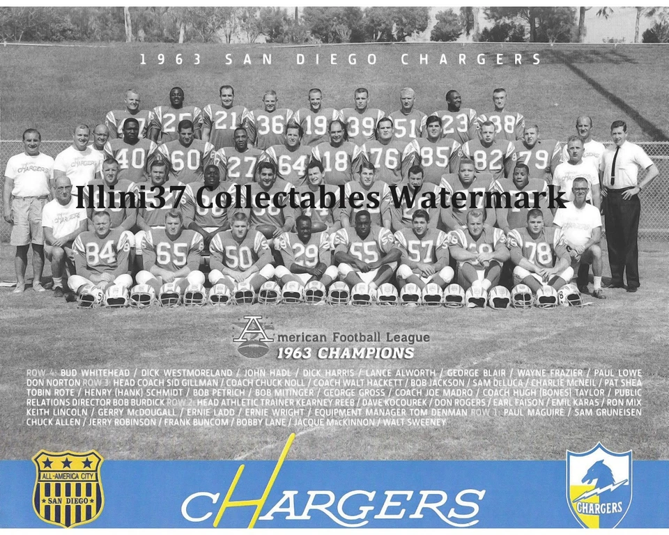 1963 San Diego Chargers AFL CHAMPIONS TEAM FOTO 8X10 ALWORTH HADL Foto 1 de 1