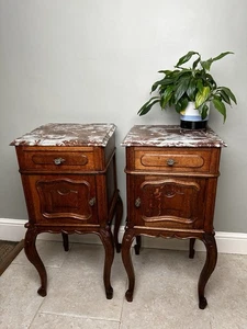 Antique Carved French Oak Marble Top Bedside Tables Cabinets Cupboards Cabinets - Picture 1 of 19