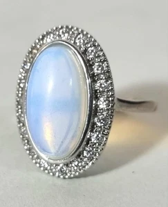 Anillo vintage de plata esterlina ovalado piedra lunar y halo circonita talla O 1/2 - Imagen 1 de 5