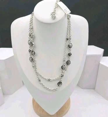 NUEVO CON ETIQUETAS Brighton Fontina Retirado Negro Esmalte Estación Collar Plata 36" Capas Foto 1 de 4