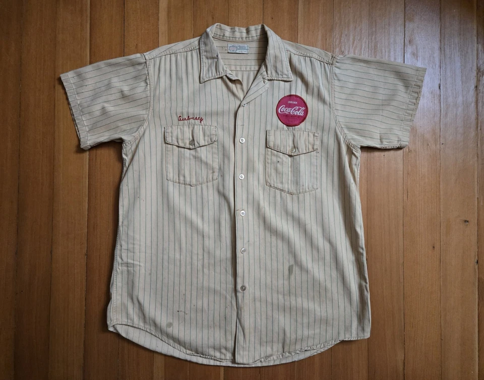 Vtg Coca Cola 50's-70's Unitog Delivery Uniform Shirt Button-up Striped  15-15.5 - Image 1 of 4