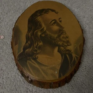 Vintage Decoupage Picture Jesus Christ on Wood W/Bark - Picture 1 of 2