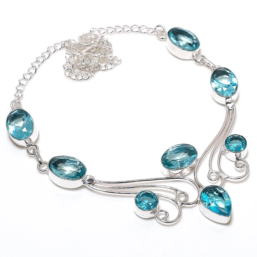 Colar de joias de prata esterlina 925 feito à mão com pedra preciosa Aqua Aqua Aquamarine tamanho 18"" - Imagem 1 de 1