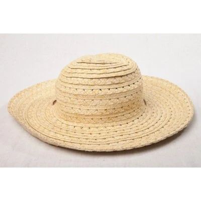 De colección 1970 Mujer Tostado Tejido a Mano Papel "Paja" Sombrero Ala Extra Ancha Cuero Corbata Foto 1 de 4