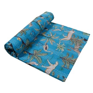 Indian jungle animal 100% Cotton sky Kantha Quilted Bedspread Throw Blanket - Picture 1 of 5