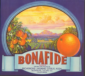 *Original* BONAFIDE Richgrove Jasmine Tulare  Orange Crate Label NOT A COPY! - Picture 1 of 1