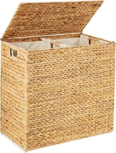Large Double Laundry Hamper with Lid Natural Handwoven Water Hyacinth Portable - Picture 1 of 8