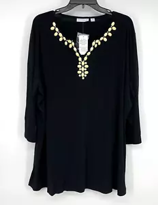 Susan Graver Tunic Top Womens Plus Size 2X Black Embellished V Neck 3/4 Sleeve - Picture 1 of 10