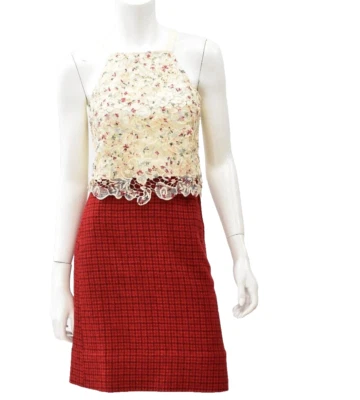 Conjunto de mini falda y top de colección años 60 traje occidental para mujer XS rojo a cuadros lana encaje halter Foto 1 de 4