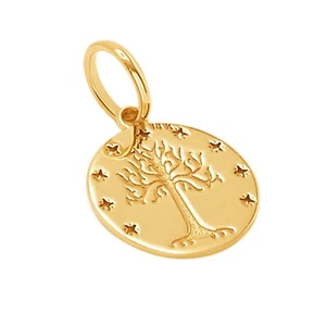14k Pure Solid Yellow Gold Tree of Life Stars Round Delicate Small Charm Pendant - Picture 1 of 11