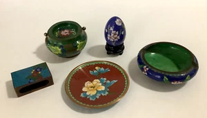 Vintage Lot 5 Chinese Cloisonne Eggs/Stand, Ashtrays, Plate, Match Box Holder - Picture 1 of 21