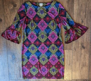 Abito tubino donna Chico's taglia 0 viola, verde e blu colorato con manica a campana - Foto 1 di 18