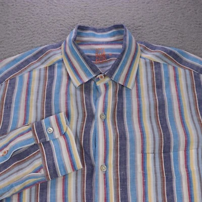 J. Mclaughlin Shirt Mens Medium Blue Striped Linen Nutton Long Sleeve Preppy - Image 1 of 4