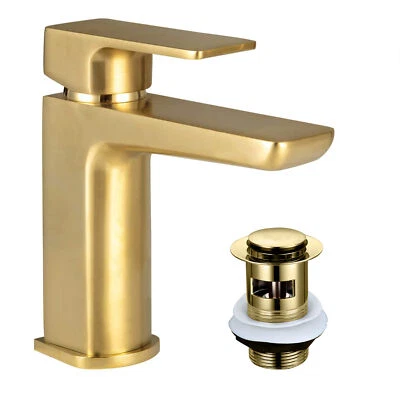 FNX BATHROOMS Curve Brushed Brass Bathroom Basin Mono Mixer Tap & Waste