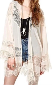 ASOS Cream Lace Open Kimono Sleeve Cardigan Sz 4 Lightweight Boho Vacation - Picture 1 of 5