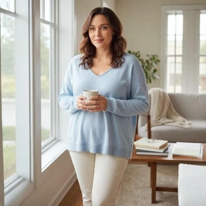 Eileen Fisher Sweater Womens XL Light Blue V-Neck Pullover Organic Cotton Tencel - Picture 1 of 7