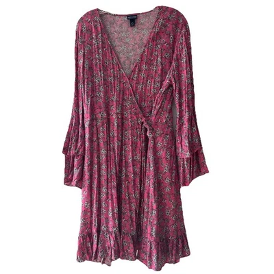 Vestido envolvente Scoop para mujer talla XL rosa floral midi romántico doble volante cuello en V Foto 1 de 4