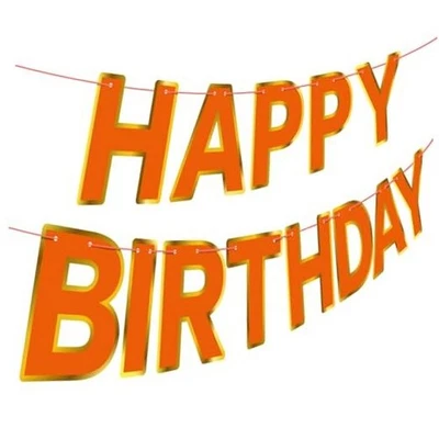 Letrero de Banner de Feliz Cumpleaños, Borde Dorado Feliz Cumpleaños Banderín Naranja Foto 1 de 4