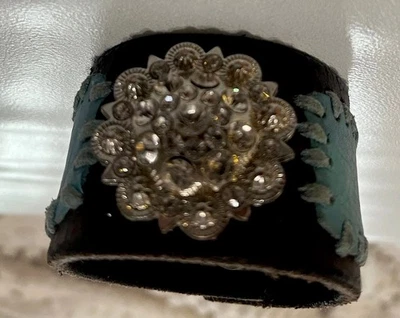 Brazalete Brazalete Cuero Marrón Estrás Acento Turquesa Western Boho Para Mujer Foto 1 de 4