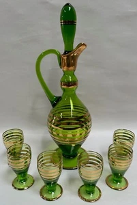 Set liquore cordiale decanter verde bohémien vintage retrò con finiture in oro (D) - Foto 1 di 16