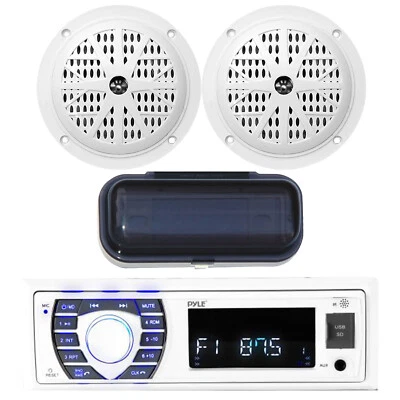 Pyle Marine Boat MP3 USB Radio, 4" Pyle White Round Speakers w/Stereo Cover - Image 1 of 4