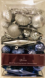 80 Ct Shatterproof Blue Silver Christmas Ornaments. - Picture 1 of 1