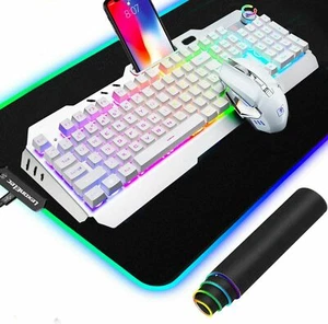 Rechargeable Wireless Gaming Keyboard+Mouse+RGB Mat RGB Backlit 2400 DPI Silent - Picture 1 of 14