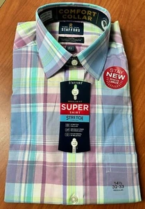 Stafford Stretch Comfort Regular Fit Shirt Blue Plum Plaid 14-14 1/2 32/33 NWT - Picture 1 of 8