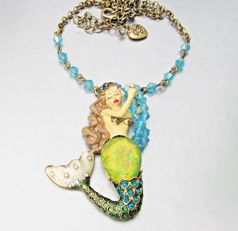 Retired Betsey Johnson INTO THE BLUE SEA Faux Opal Mermaid Pendant Necklace - Image 1 of 4