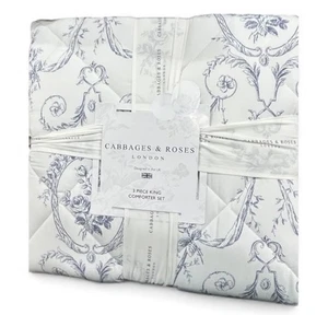 Cabbage & Roses 3 Piece Blue and White Floral Toile Ink King Com Set 106”x90” - Picture 1 of 6