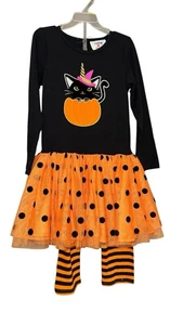 Mädchen Halloween Kleid Set mit Leggings. Kürbis Hexe Katze. Von Counting Daisies. 6. - Bild 1 von 7