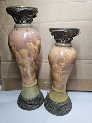 Juego de 2 Candelabros Querubín Estilo Victoriano, Cinta/Alas Latón Superior/Base Foto 1 de 4