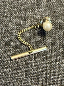 Vintage Imitation Pearl Gold Tone Tie Tack Lapel Pin T-bar Cream 7 mm Faux - Picture 1 of 9