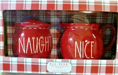 RAE DUNN Christmas Naughty & Nice Magenta Ceramic Sugar Bowl and Creamer - Image 1 of 4